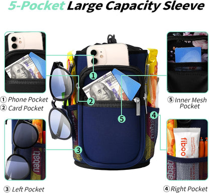AceTreker 32/40/64/87/128 oz Water Bottle Carrier Bag, Neoprene Water Bottle Sleeve with 4 Pocket, Sport Water Holder with Paracord Handle and Shoulder Strap for Walking Hiking Camping Gym