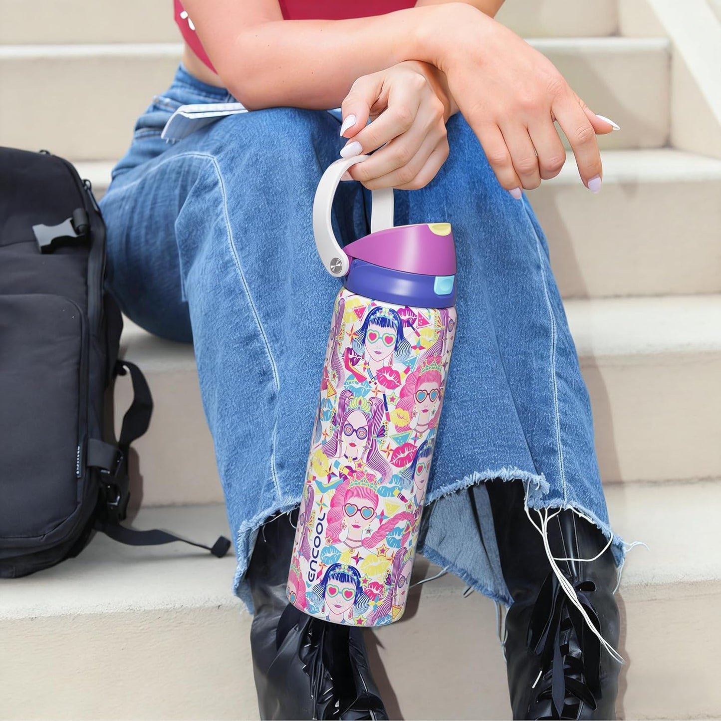 ENCOOL Leakproof Insulated Water Bottle with Straw Dual-Sip Water Bottle Bag-Safe Design for Work, Commute & Gym – Keeps Drinks Cold All Day, 24 oz, Lemonade Pink - Colors B