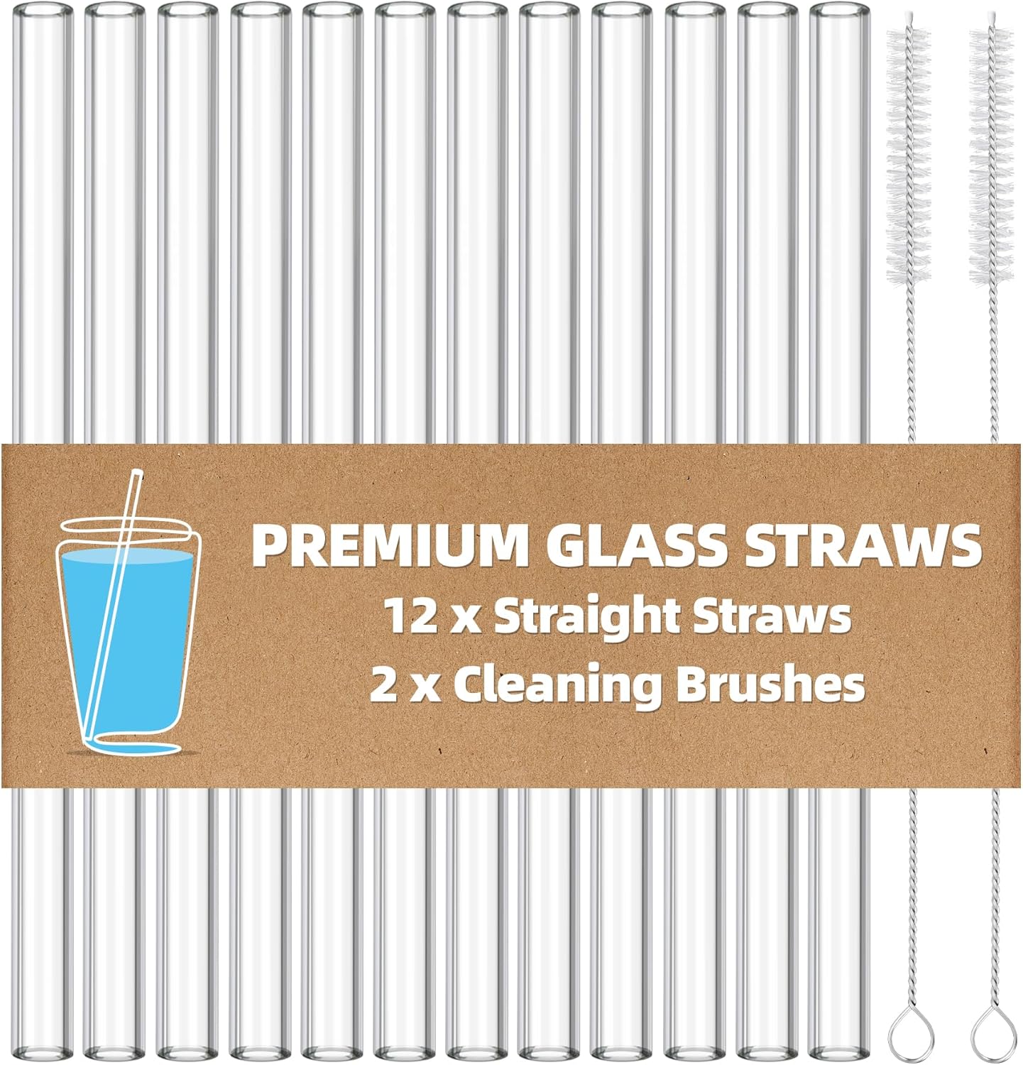 Antner 12 Pack Reusable Glass Straw, 8.5" x 10MM Bent Clear Glass Drinking Straws for Hot & Cold Drinks, 2 Cleaning Brushes Included