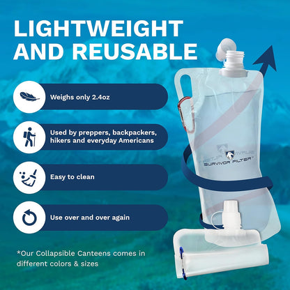 Survivor Filter Clear Collapsible Water Bottles - Travel, Hiking, Foldable, BPA-Free - 2 x