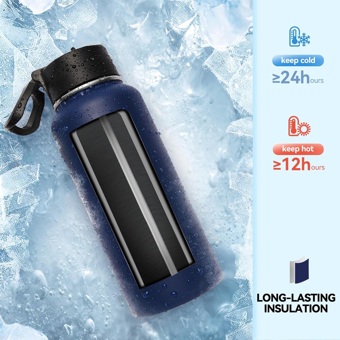 Neihepal 32 oz Insulated Water Bottle with 2 Lids (Straw & Spout Lid), 18/8 Stainless Steel Double Wall Water Bottles for Gym, Travel, Camping, Sports (Silver,1 Pack)