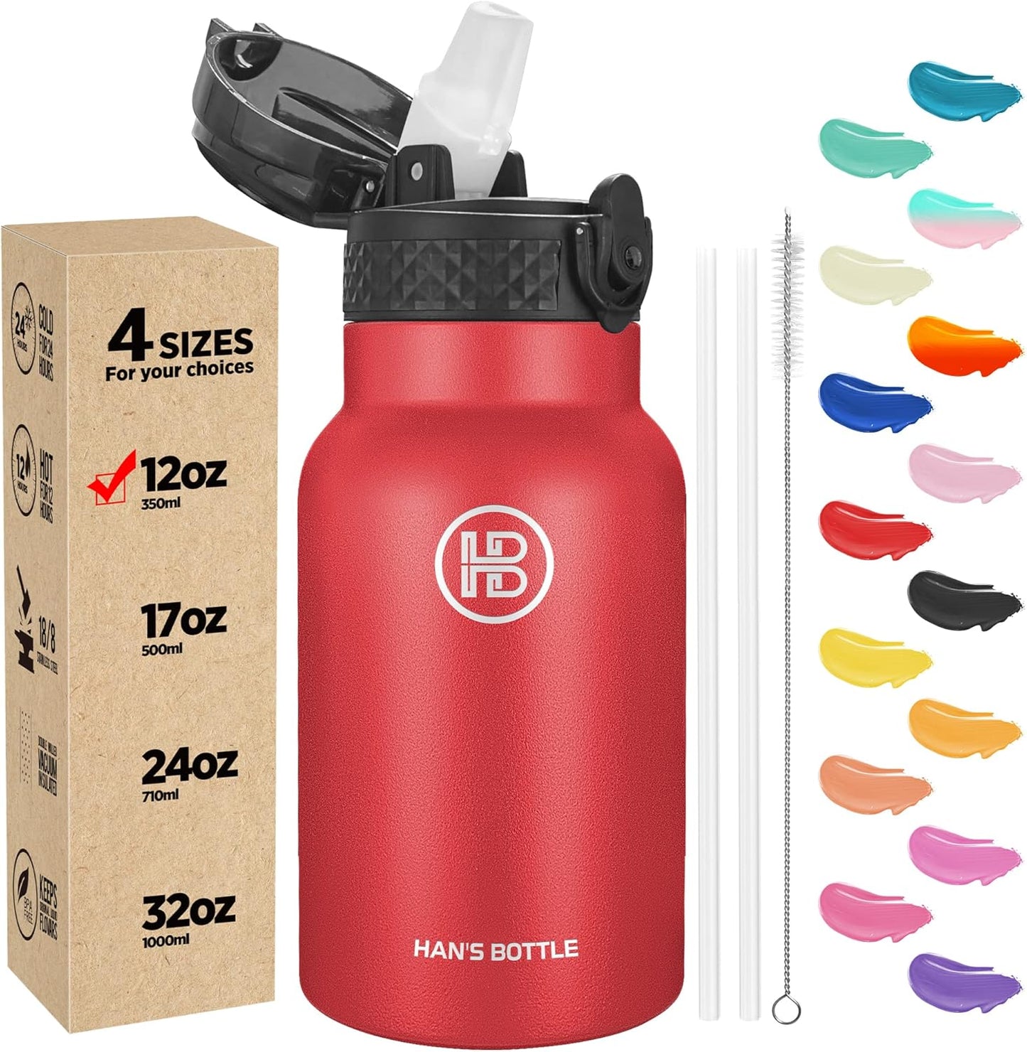 Han's Bottle Sports Water Bottle - 24 Oz, Straw Lid, Leak Proof, Vacuum Insulated Stainless Steel, Double Walled, Thermo Mug,Black