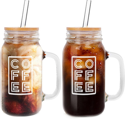 ANOTION Mason Jar Iced Coffee Cup with Lid and Straw, 24oz Regular Mouth Mason Jars with Handle Glass Coffee Drinking Glasses Tumbler Reusable Cups Bottles for Iced Coffee Cups for Travel Office Home