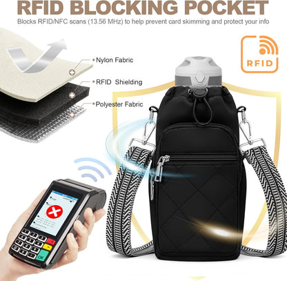 SYTRAH Water Bottle Carrier Bag with Strap, Water Bottle Purse with Phone Pocket 40oz for Walking Hiking