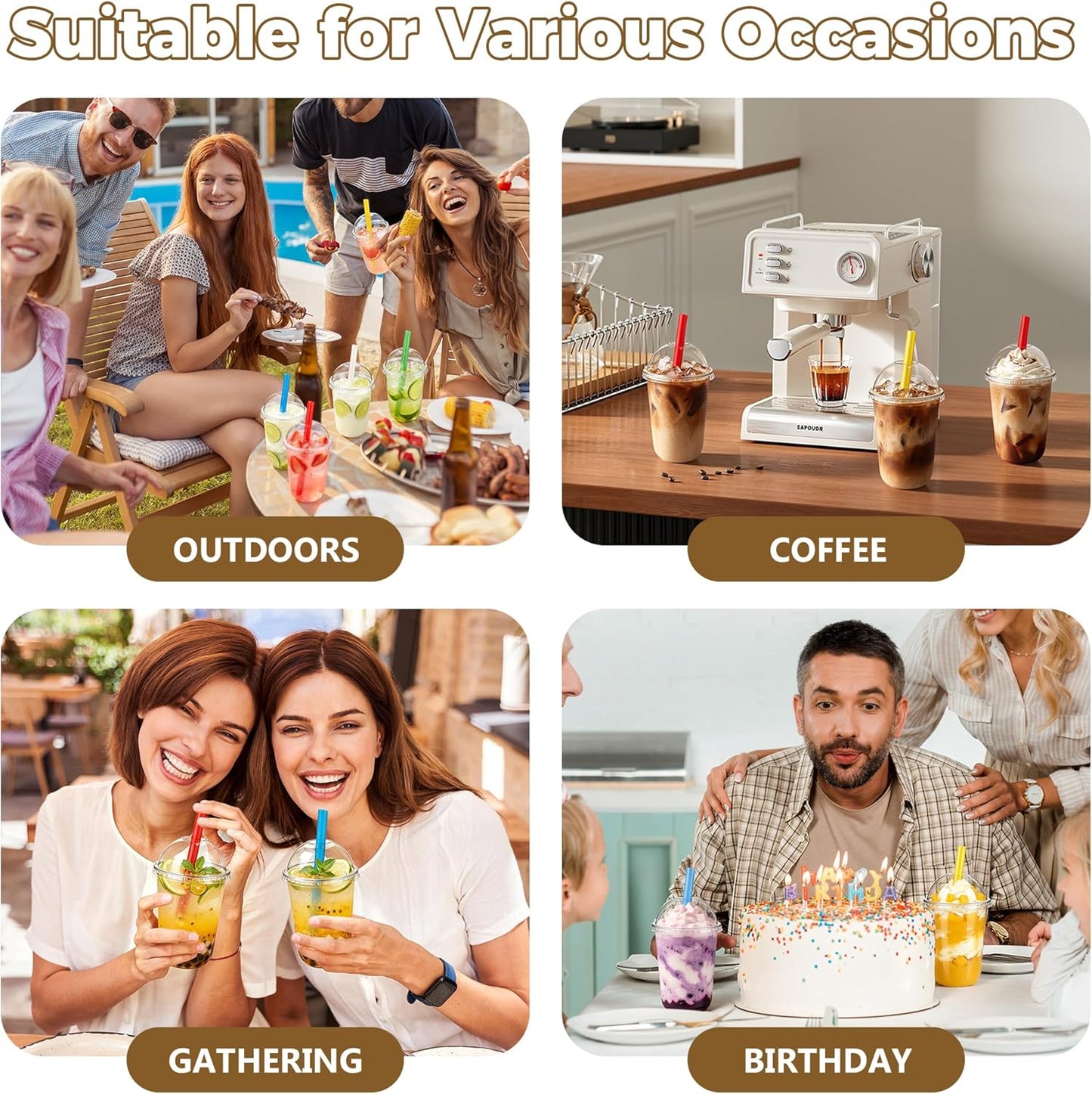 KesaPlan 50 Pack 16oz Clear Plastic Cups with Lids & Colorful Wide Straws, Disposable Smoothie Cup, Round Bottom To Go Drinking Cup for Bubble Tea, Iced Coffee, Milkshakes, Party Picnic Supply