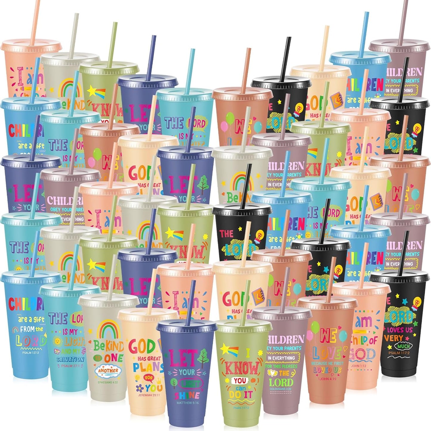 Uiifan 10 Pcs Christian Tumblers with Straws for Kids, Bible Verse Cups for VBS, Sunday School, Church Party Favors and Faith Gifts, Reusable Plastic Tumblers with Lids, 24 oz, White