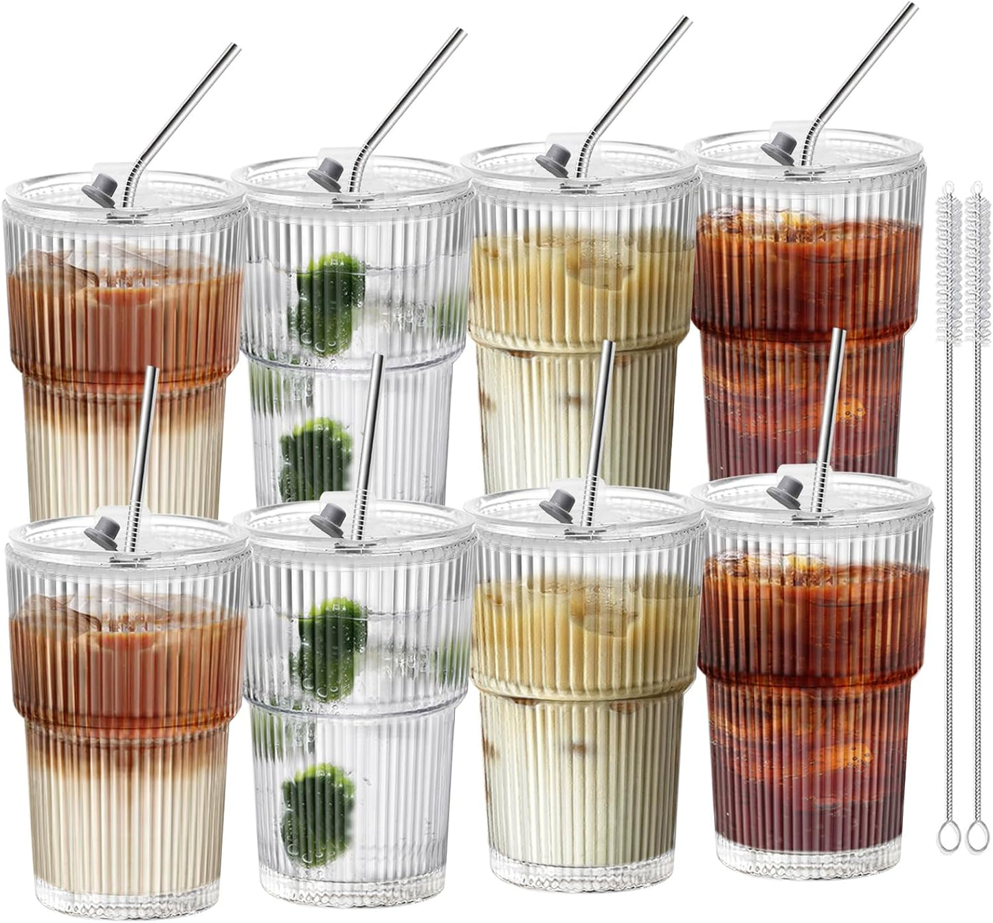 HIGIINC Iced Coffee Cups With Lids and Straws 4 Pcs, 16 OZ Unbreakable Glasses Drinking Set,Clear Plastic Cups Reusable Iced Coffee Tumbler with Lid and Straw, To Go Coffee Cups Dishwasher Safe