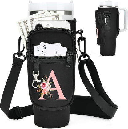 Initial Water Bottle Holder with Strap for Stanley Cup Accessories 40 oz/Simple Modern Tumbler, Birthdays for Women Girls, Water Bottle Carrier Bag with Phone Pocket,Hiking Walking Gym Camping