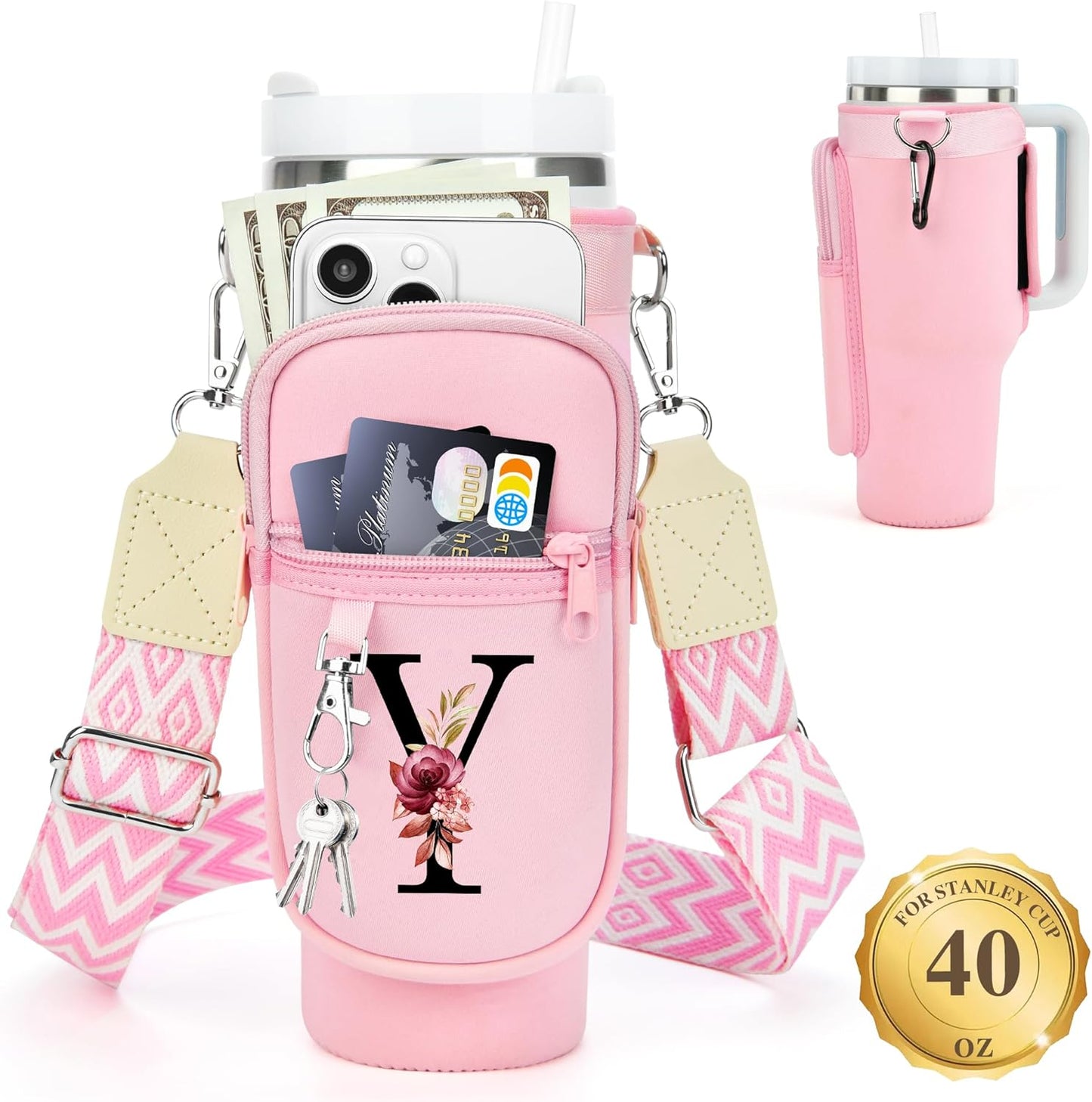 LOKASS Personalized Water Bottle Holder with Strap for Stanley Cup Accessories 40 oz, Initial for Stanley Cup Holder Carrier Bag with Phone Pocket, Stylish Tumbler Accessories for Daily Use Hands-Free