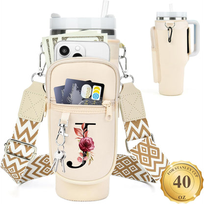 LOKASS Personalized Water Bottle Holder with Strap for Stanley Cup Accessories 40 oz, Initial for Stanley Cup Holder Carrier Bag with Phone Pocket, Stylish Tumbler Accessories for Daily Use Hands-Free