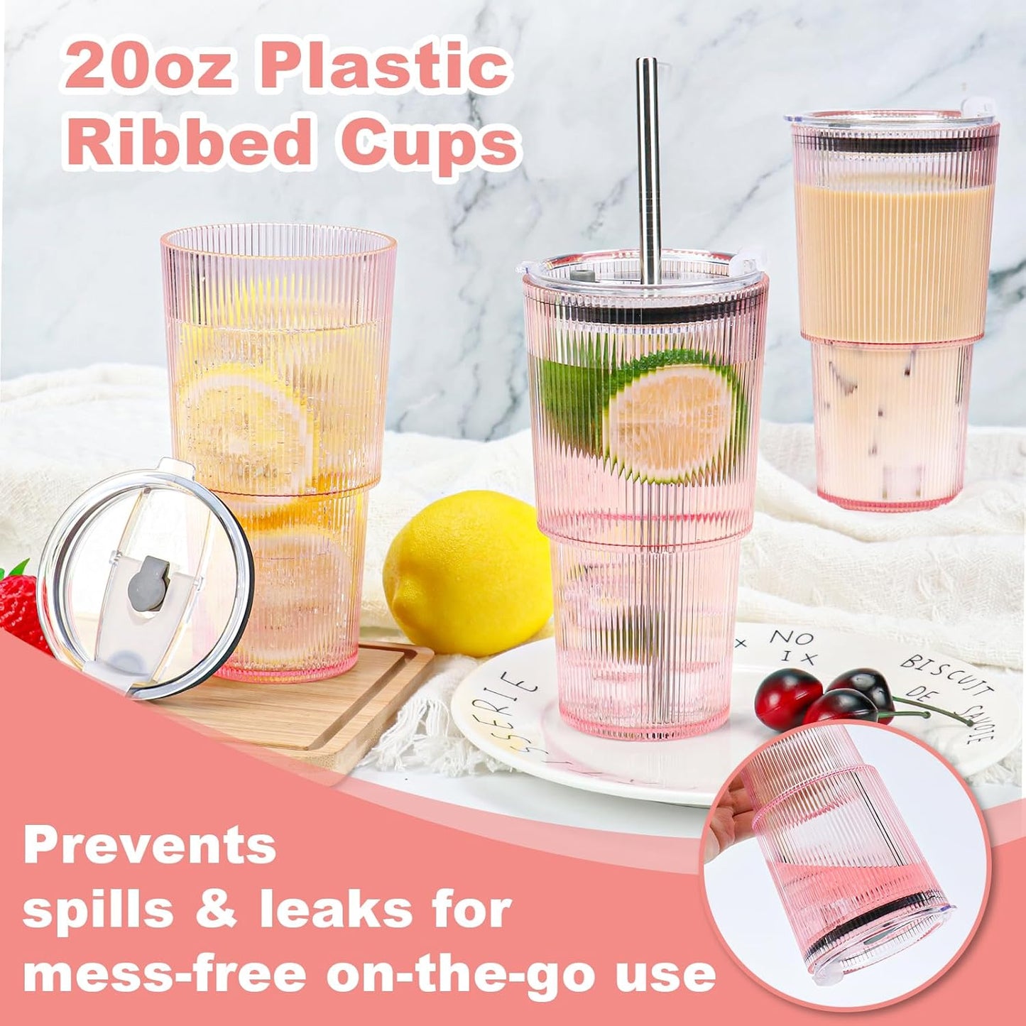 4 Pcs 20oz Plastic Ribbed Tumblers with Lid and Straws Blue Plastic Reusable Iced Coffee Cups with Lid Unbreakable Vintage Ribbed Drinking Glasses Tumbler for Juice Smoothie Beverage with Clean Brush