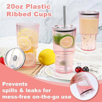4 Pcs 20oz Plastic Ribbed Tumblers with Lid and Straws Blue Plastic Reusable Iced Coffee Cups with Lid Unbreakable Vintage Ribbed Drinking Glasses Tumbler for Juice Smoothie Beverage with Clean Brush