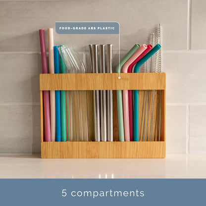 AURA Straw Holder Cabinet Organizer with Compartments, Kitchen Organization for Reusable Straws, Pantry, Office Supplies, 9.5 inches x 6.5 inches x 1 inch, Food-Safe Plastic, Bamboo