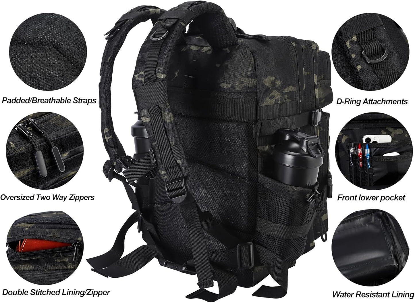 LHI Military Tactical Backpack for Men and Women 45L Army 3 Days Assault Pack Bag Large Rucksack with Molle System - Black - Colors A