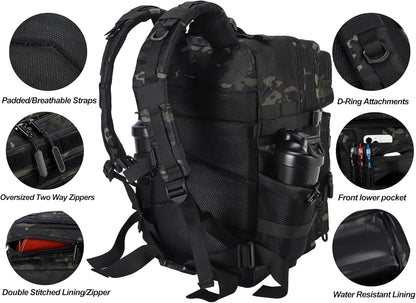 LHI Military Tactical Backpack for Men and Women 45L Army 3 Days Assault Pack Bag Large Rucksack with Molle System - Black - Colors A