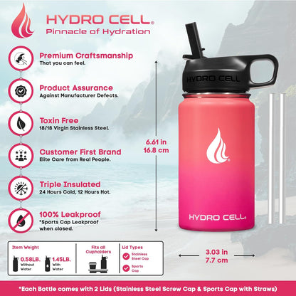 HYDRO CELL Stainless Steel Insulated Water Bottle with Straw - For Cold & Hot Drinks - Metal Vacuum Flask with Screw Cap and Modern Leakproof Sport Thermos for Adults (Neon 18oz)