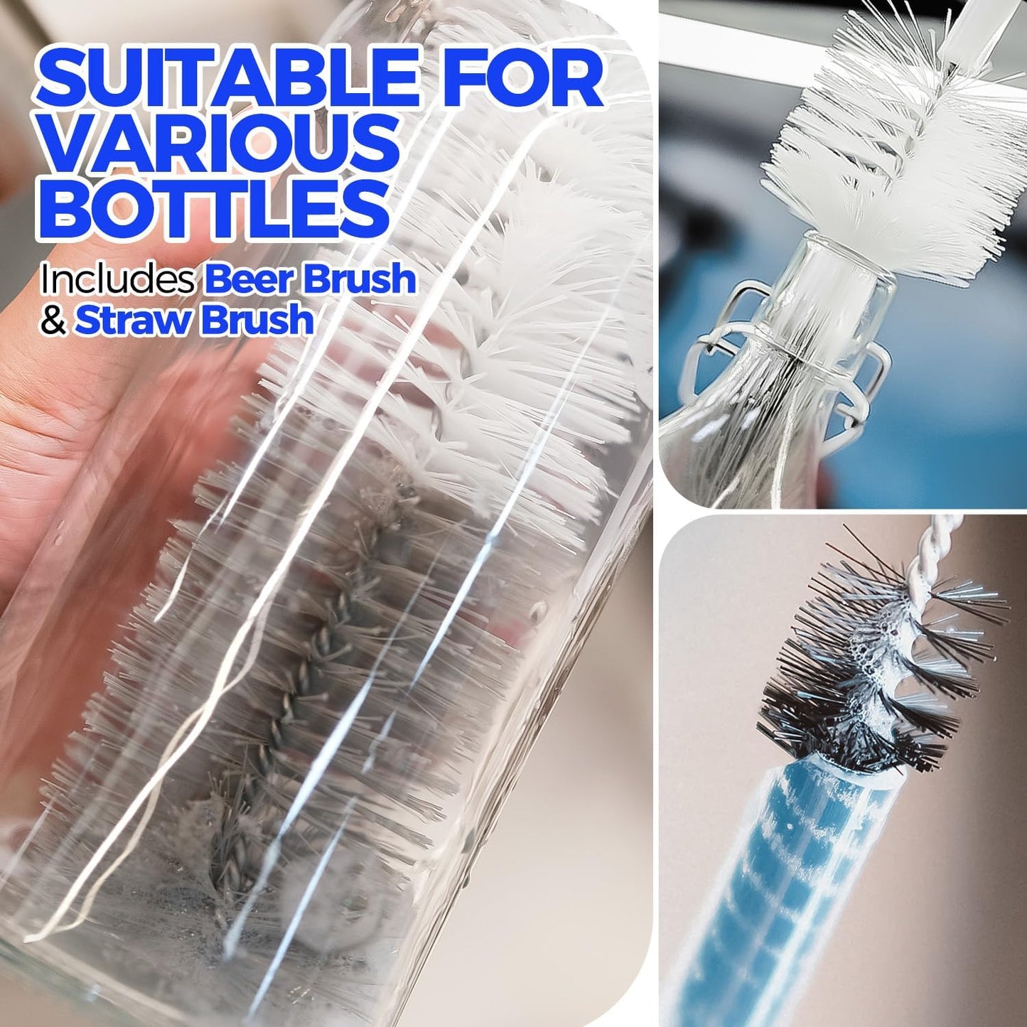 Holikme 10 Pack Bottle Brush Cleaner Set, 15" Long Handle Bottle Cleaner Brush, Flexible Long Handle Water Bottle Brush for Narrow Neck Beer Wine, 8 Straws, Abrasive Spiral Brushes, White Grey