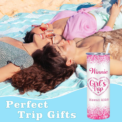 Girl Trip Gifts for Women, Personalized Girls Trip Tumblers with Name Text, Custom Beach Tumbler, Road Trips Vacation Cruise Cup with Lid and Straw, Bachelorette Party Girl Weekend Gift For Friend