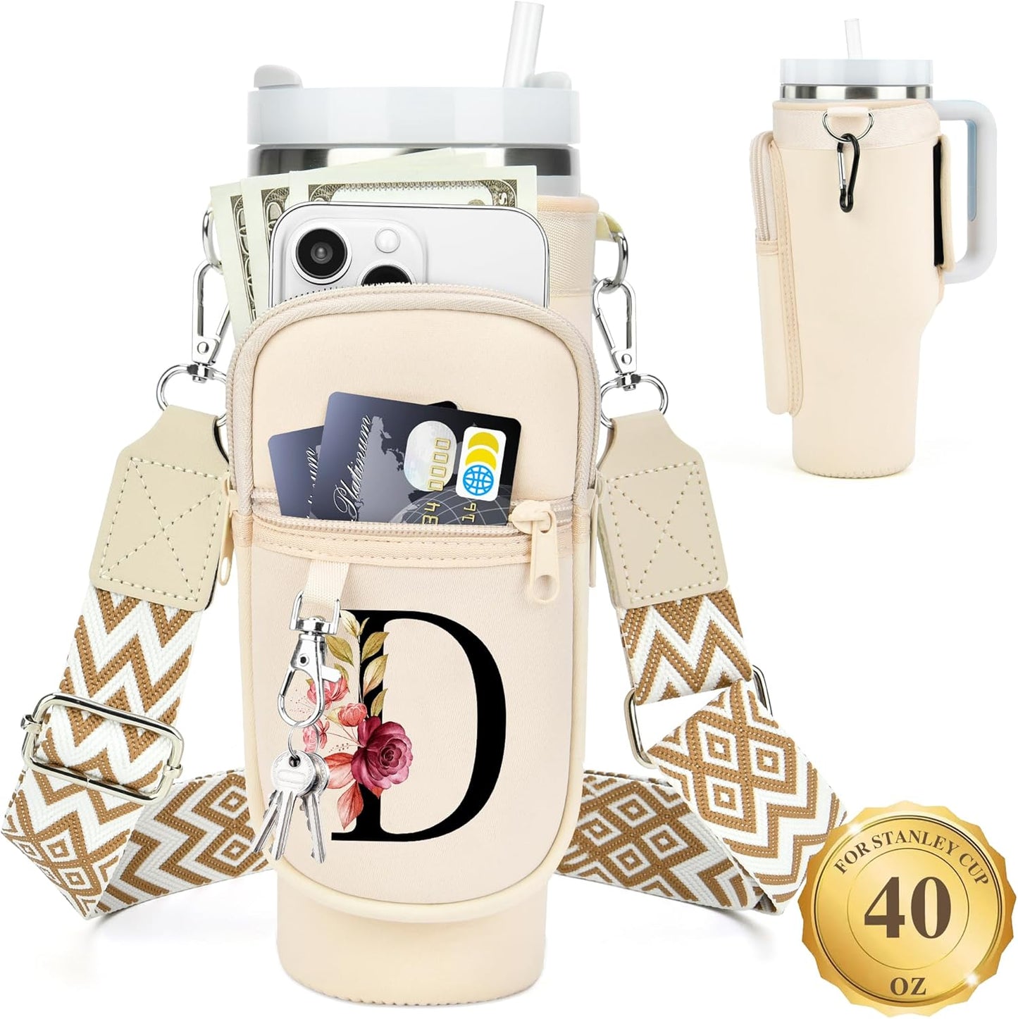 LOKASS Personalized Water Bottle Holder with Strap for Stanley Cup Accessories 40 oz, Initial for Stanley Cup Holder Carrier Bag with Phone Pocket, Stylish Tumbler Accessories for Daily Use Hands-Free