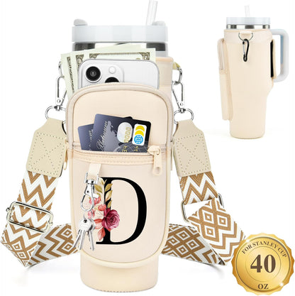 LOKASS Personalized Water Bottle Holder with Strap for Stanley Cup Accessories 40 oz, Initial for Stanley Cup Holder Carrier Bag with Phone Pocket, Stylish Tumbler Accessories for Daily Use Hands-Free
