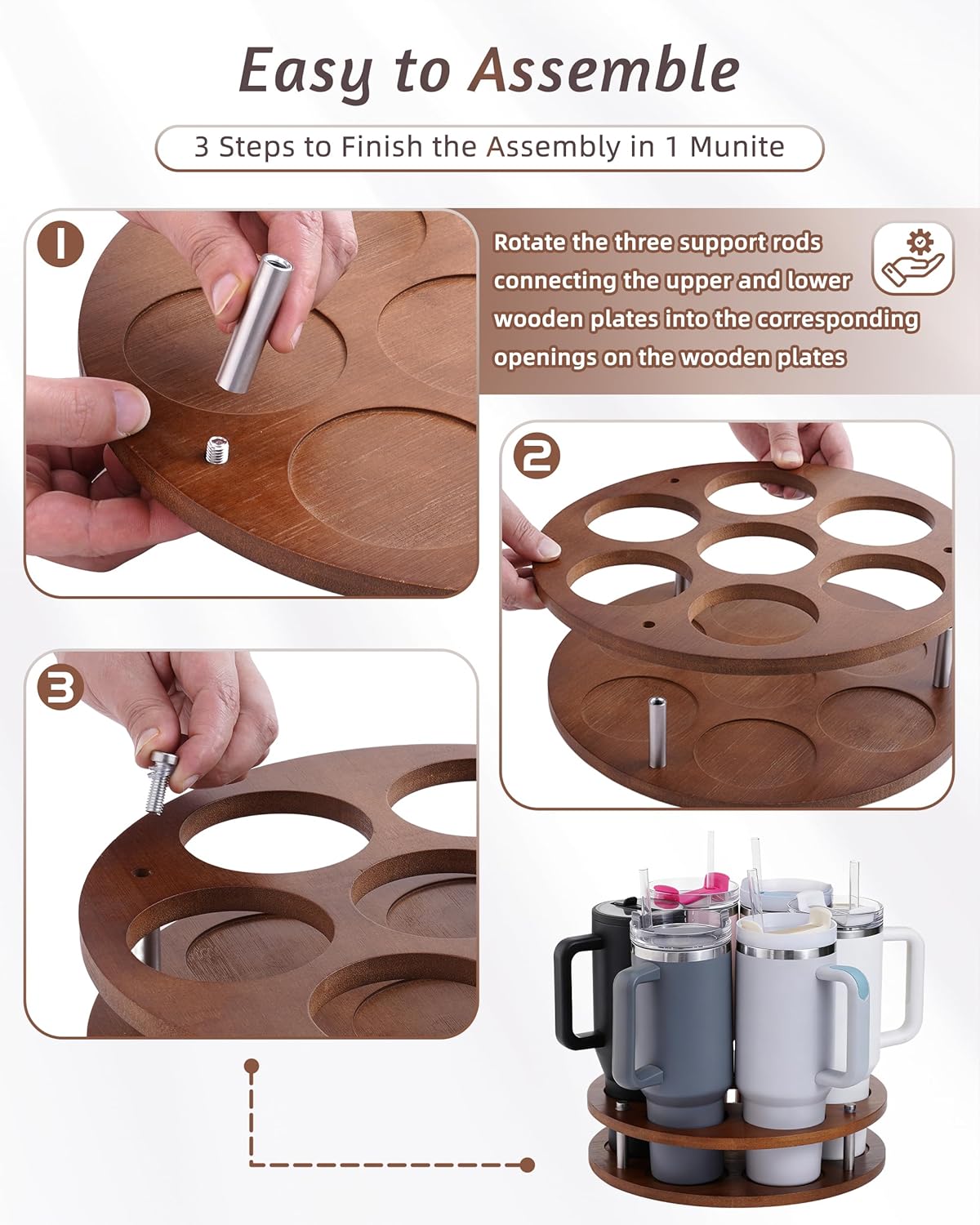 Rotating Wood Tumbler Organizer, 30 oz 40 oz Spinning Turnable Tumblers Holder, 360° Rotatable 7 Large Cups Bottle Tumbler Storage Display Stand, Rotate Syrup Organizer for Cabinet Countertop
