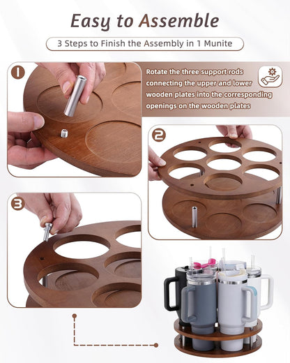 Rotating Wood Tumbler Organizer, 30 oz 40 oz Spinning Turnable Tumblers Holder, 360° Rotatable 7 Large Cups Bottle Tumbler Storage Display Stand, Rotate Syrup Organizer for Cabinet Countertop