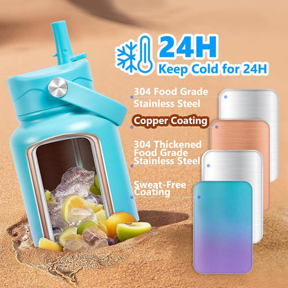 Insulated Water Bottle with Lid & Boot & Stickers, 24 oz Stainless Steel Sweat Free Bottle Keep Cold 24H, BPA-Free Sports Wide Mouth Water Bottle, BlueBlack
