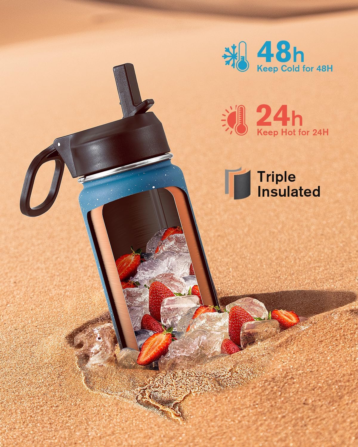 Half Gallon Water Bottle Insulated with Straw & 3 Lids, Coolflask 64 oz Water Jug Large Metal Stainless Steel Wide Mouth for Sports, Gym or Office, Non-BPA Keep Cold 48H Hot 24H, Samurai Cyan