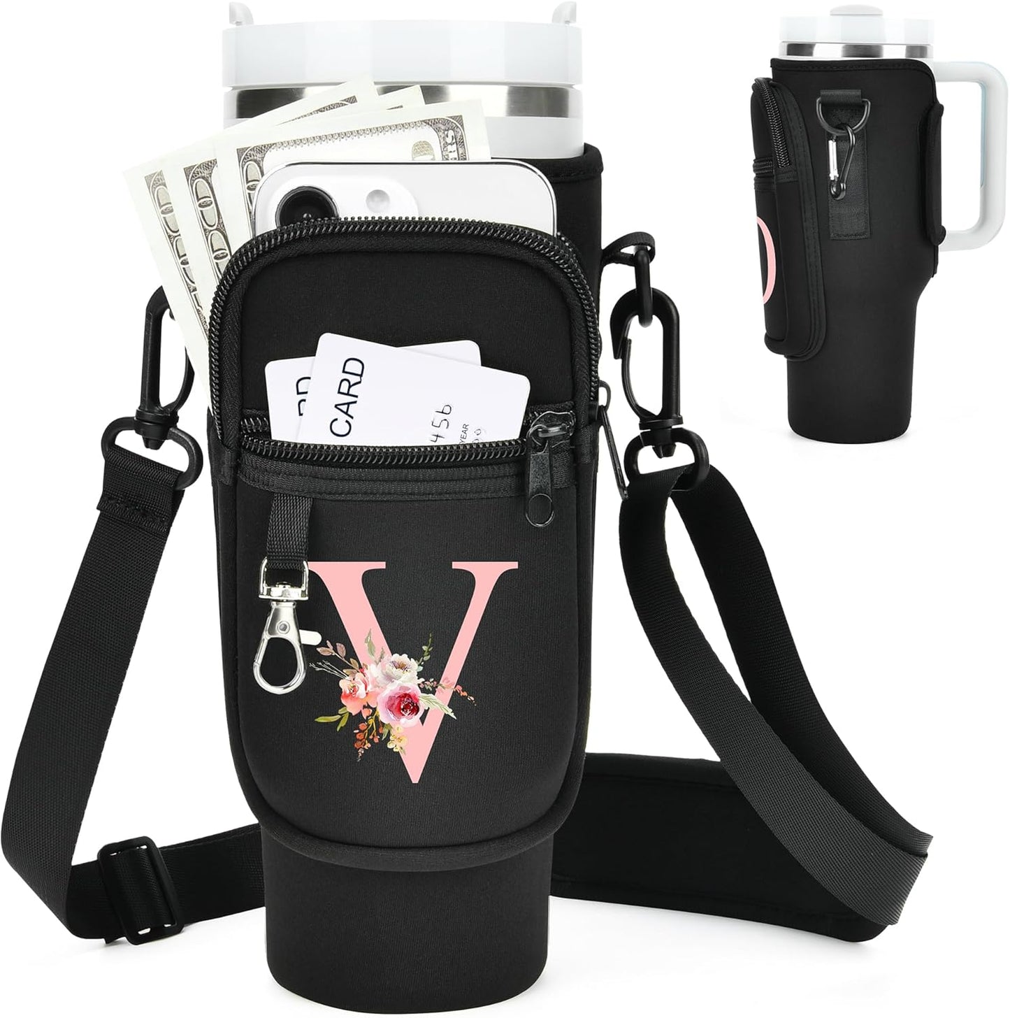 Initial Water Bottle Holder with Strap for Stanley Cup Accessories 40 oz/Simple Modern Tumbler, Birthdays for Women Girls, Water Bottle Carrier Bag with Phone Pocket,Hiking Walking Gym Camping