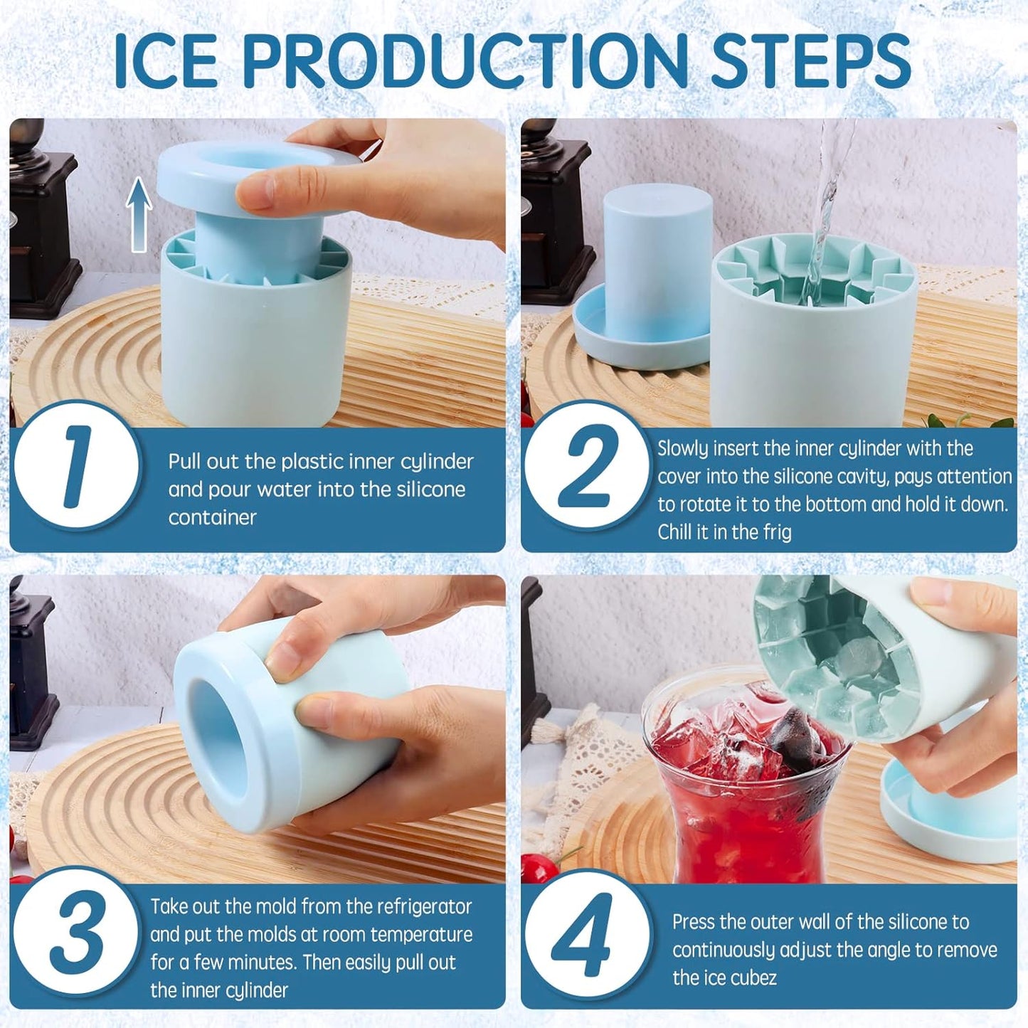 Small Ice Maker Cup, Cylinder Silicone Ice Cube Molds, Mini Ice Maker Cube Tray, Decompress Ice Lattice Ice Cube Trays for freezer, 60 Ice Cubes, Easy-Release 2Pcs