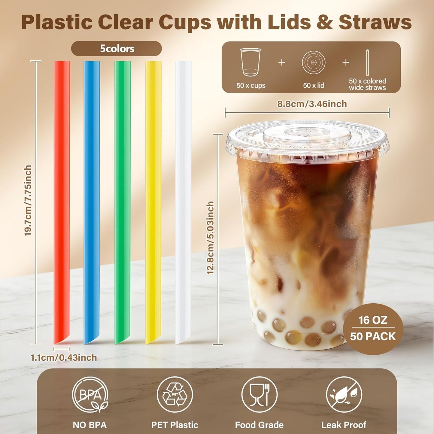 KesaPlan 50 Pack 16oz Clear Plastic Cups with Lids & Colorful Wide Straws, Disposable Smoothie Cup, Round Bottom To Go Drinking Cup for Bubble Tea, Iced Coffee, Milkshakes, Party Picnic Supply