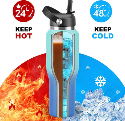 HYDROWION 32oz Stainless Steel Water Bottle(Cold for 48 Hrs, Hot for 24 Hrs),Double Wall Vacuum Insulated Water Bottle with Straw Lid, Spout Lid and Flex Cap, Fit in Any Car Cup Holder,Black