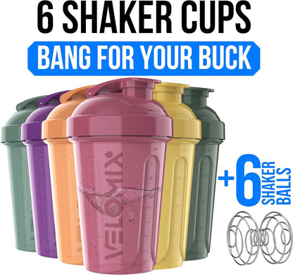 VELOMIX -6 PACK- 20 oz Protein Shaker Bottle for Protein Mixes - 6x Wire Whisk | Leak Proof Shaker Cups for Protein Shakes | Stackable Protein Shaker Bottle Pack | Dishwasher Safe (Pastel Shades)