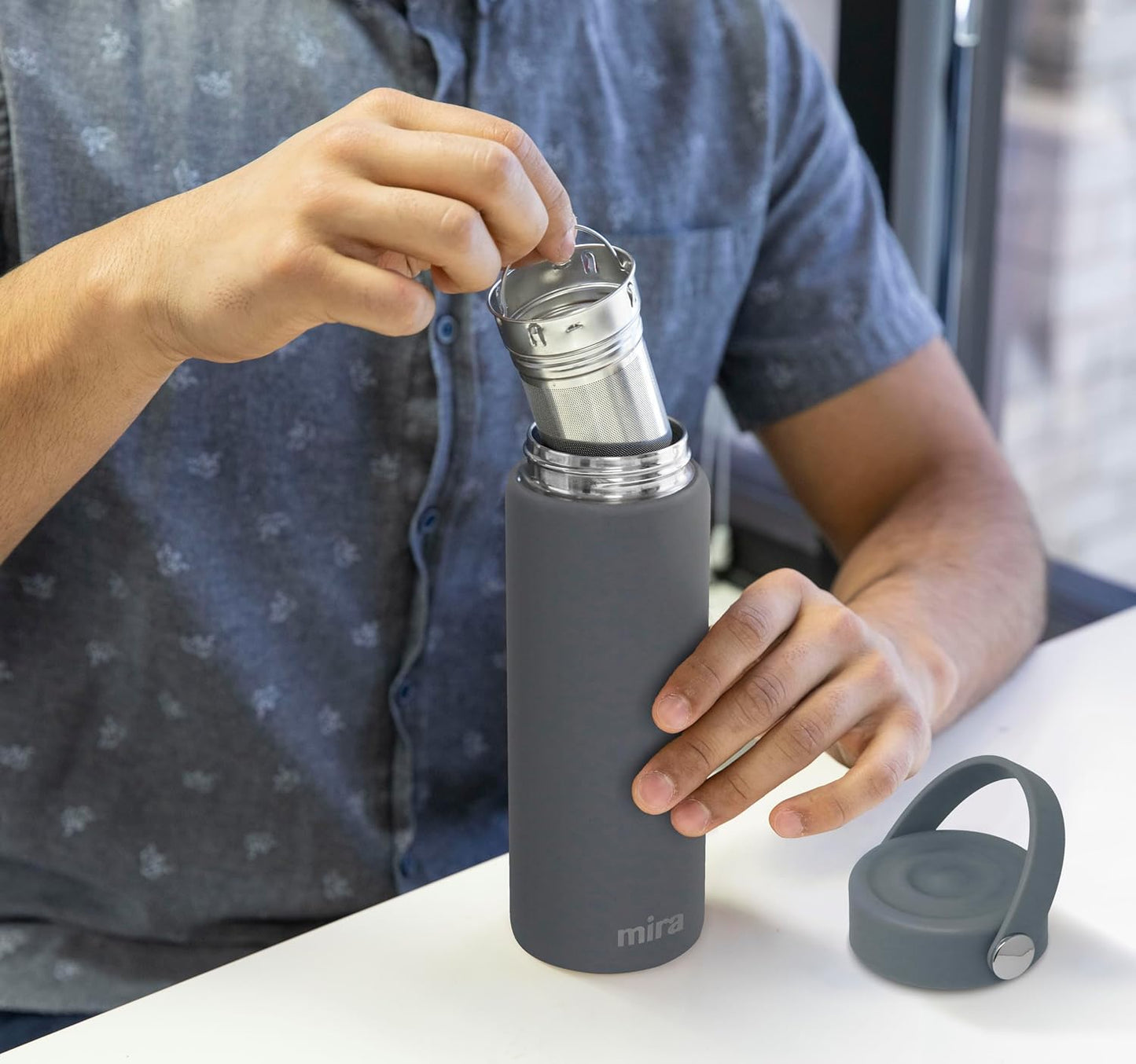 MIRA 18 oz Tea Infuser Thermo - Stainless Steel Travel Bottle with Removable Strainer for Loose Leaf Tea - Insulated Hot & Cold Brew Steeper - White