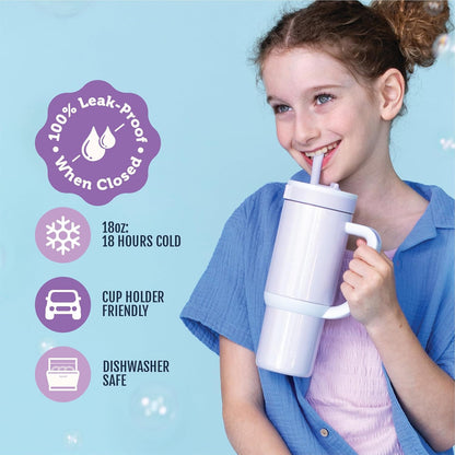 Ello Oasis 18oz Kids Tumbler with Handle & Retracting Straw, 100% Leakproof Reusable Insulated Stainless Steel Cup, Gifts for Teens Girls Boys, Keeps cold for 18 Hours, Cup Holder Friendly, Glacier