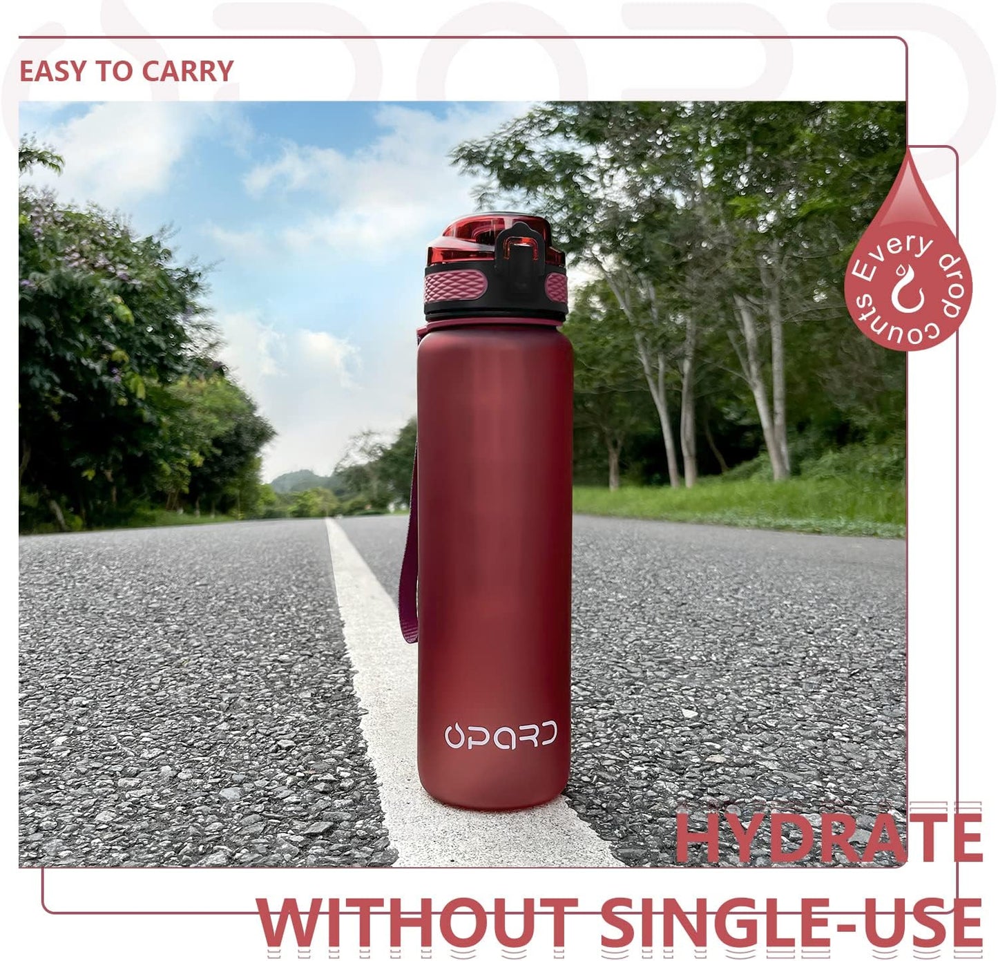 Opard Zip 32oz Plastic Water Bottle Dishwasher Safe, Leakproof Flip-Top Lid, BPA Free Tritan, Wide Mouth Reusable Sports Water Bottle for Gym Hiking Commuting Outdoor Travel and School