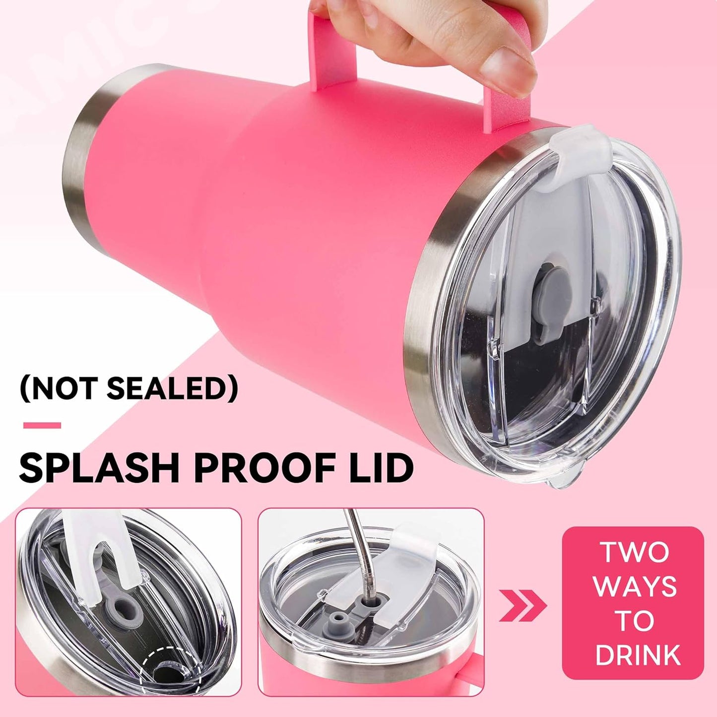 30 oz Tumbler With Handle, Double Wall Stainless Steel Vacuum Insulated Travel Mug with Splash-Proof Lid Metal Straw and Brush (Cream)