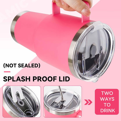 30 oz Tumbler With Handle, Double Wall Stainless Steel Vacuum Insulated Travel Mug with Splash-Proof Lid Metal Straw and Brush (Cream)