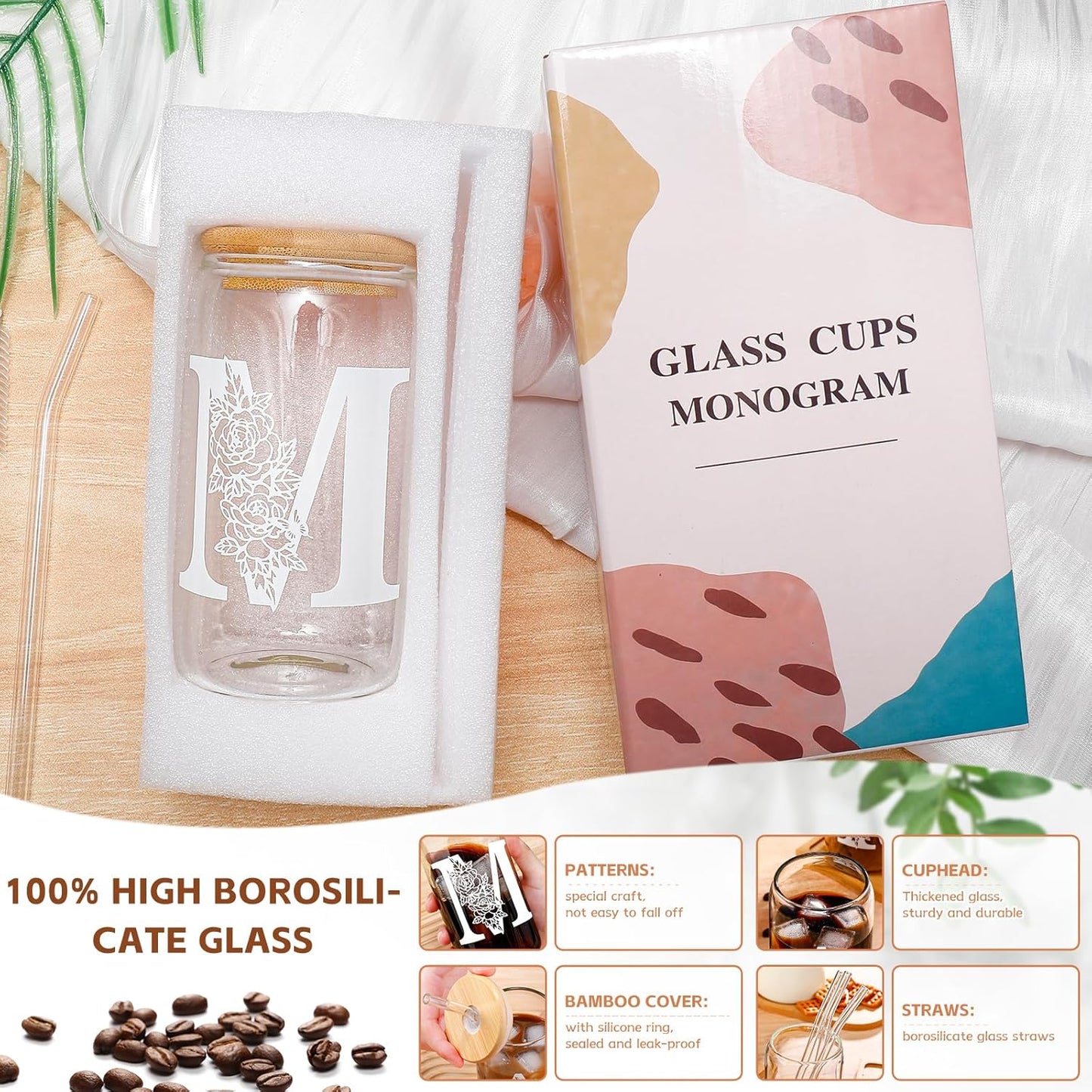 Glass Cups with Lids and Straws: Personalized Initial Glass Cup Be Used As Reusable Iced Coffee Cups with Lids,Cute Matcha Tumbler - The Christmas/Birthday Gifts for Women - M Smoothie Cup