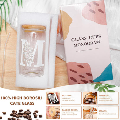 Glass Cups with Lids and Straws: Personalized Initial Glass Cup Be Used As Reusable Iced Coffee Cups with Lids,Cute Matcha Tumbler - The Christmas/Birthday Gifts for Women - M Smoothie Cup