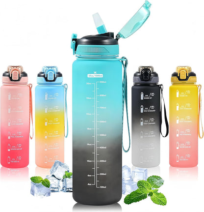 Water Bottle with Straw 1L,Boys Water Bottles with Straw 1 Litre,Waterbottle Leak-Proof Sports Water Bottle,Plastic Drinks Bottles Toxin Free，Bpa-Free (Cyan Black)