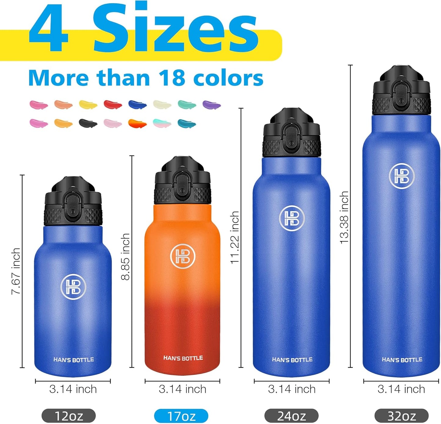 Han's Bottle Sports Water Bottle - 24 Oz, Straw Lid, Leak Proof, Vacuum Insulated Stainless Steel, Double Walled, Thermo Mug,Black