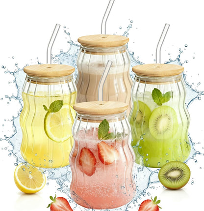 2 Packs Cute Glass Tumbler with Lid and Straw 16 oz Ice Coffee Cup Set for Smoothie Slushie Juice Matcha Tea Latte Cappuccino Espresso Hot Coffe Water Reusable Clear Travel Boba Aesthetic Drinking Mug