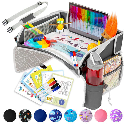 PILLANI Kids Travel Tray for Car - Car Seat Tray with Activity Sheets & Pens, Road Trip Essentials for Car & Airplane, Must Have Toddler Travel Lap Desk Accessories - Road Trip Activities for Kids