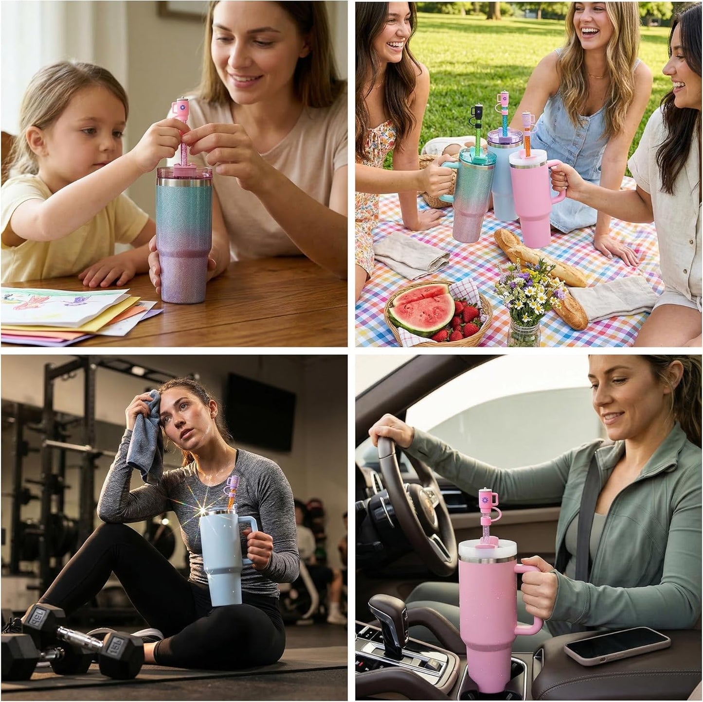 12 Pack Replacement Glitter Straws and Covers for 40 oz Stanley Adventure Travel Tumbler Cup, Reusable Glitter Straws with Cleaning Brush, Compatible with 40oz 30oz 20oz 14oz Stanley Water Jug, 12inch