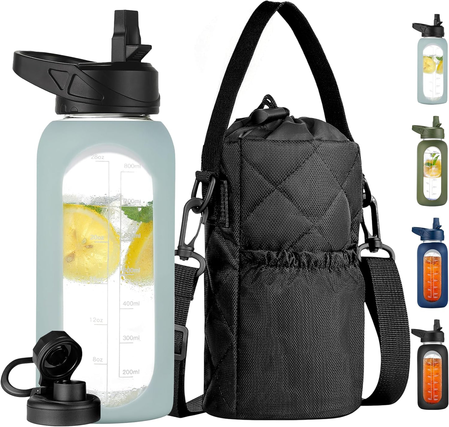 CIVAGO 32 oz Glass Water Bottle with Straw and Insulated Bottle Holder Sling, Motivational Water jug with Time Marker and Silicone Sleeve, Large Sport Water Flask with 2 Lids, Black