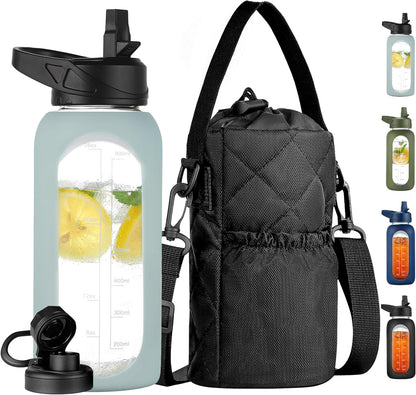 CIVAGO 32 oz Glass Water Bottle with Straw and Insulated Bottle Holder Sling, Motivational Water jug with Time Marker and Silicone Sleeve, Large Sport Water Flask with 2 Lids, Black