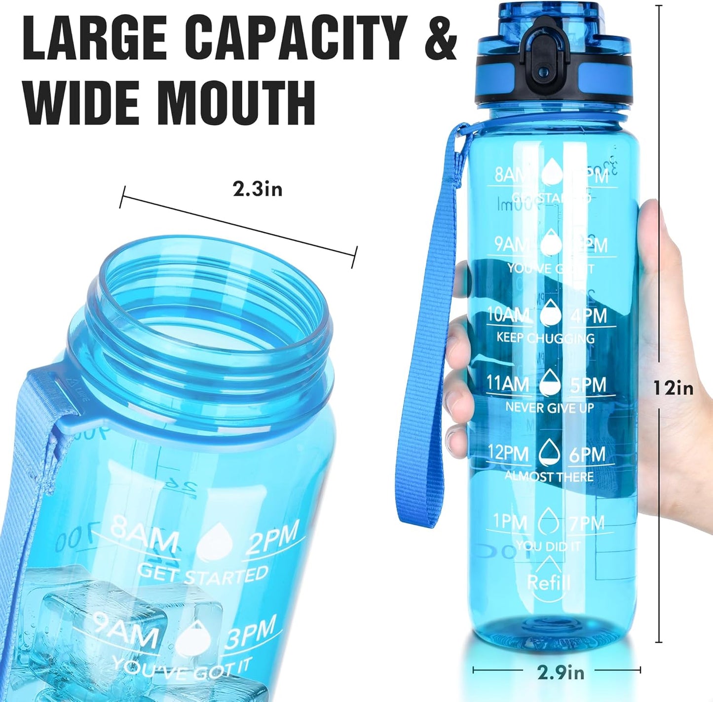 OLDLEY Water Bottle, 32oz Motivational Sports Water Bottle with Time Marker - Times to Drink - Tritan, BPA Free, Wide Mouth Leakproof, Clear (1 Bottle)