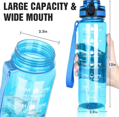 OLDLEY Water Bottle, 32oz Motivational Sports Water Bottle with Time Marker - Times to Drink - Tritan, BPA Free, Wide Mouth Leakproof, Clear (1 Bottle)
