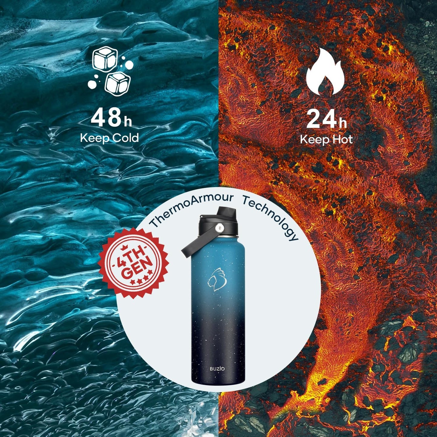 BUZIO 40oz Insulated Water Bottle, Triple Wall Vacuum Stainless Steel Water Flask with 2 lids, Lead-Free BPA-Free Straw Lid Sports Canteen Jug, Cold 48H & Hot 24H- Black - Colors A